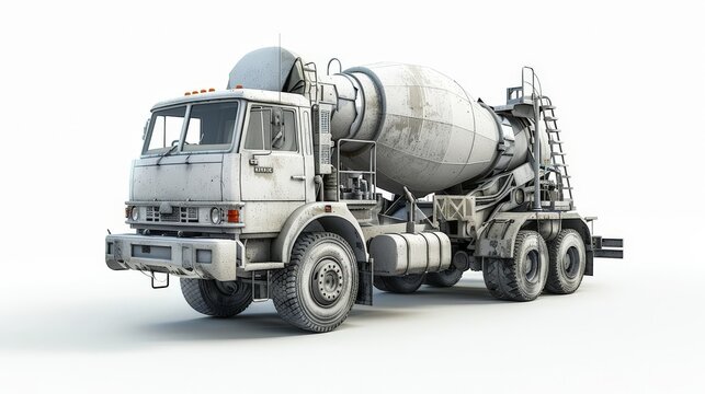 A white cement mixer truck is parked on a white background