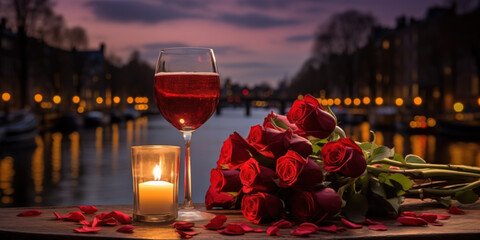 Romantic night in Amsterdam with roses, wine glasses and candles