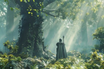 A man is standing in a forest with a sword in his hand