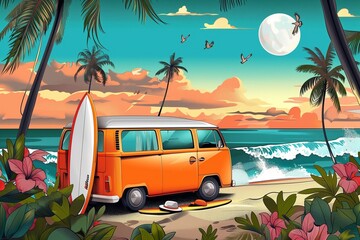 Vintage van in the beach with palms in sunset light, with a surfboard on the roof