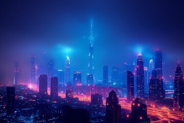 an image of the dubai skyline in the fog at night