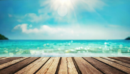 Summer, sunny background with wooden platform and the sea 