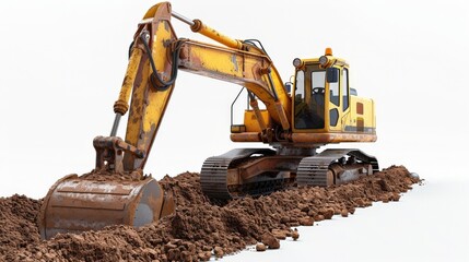 A yellow excavator is digging into the dirt