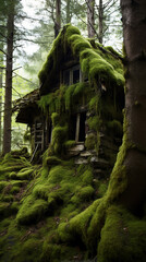 Fototapeta na wymiar Super mossy cabin in the forest