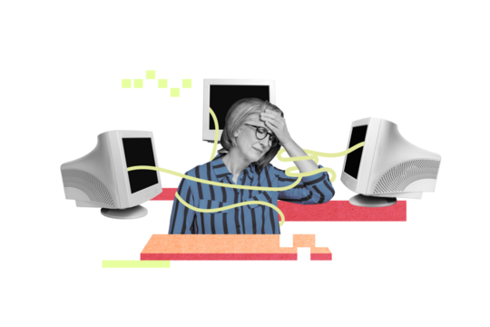 Composite collage portrait of black white effect sad aged lady hand touch forehead connection retro pc monitor isolated on drawing background