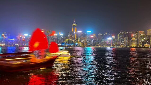 Victoria Habour, Hong Kong - Apir 14th 2024 - VDO of Bustling harbour area with waterfront scenery and popular nighttime light.