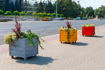 Colorful flowers in pots on the street in summer. Chisinau city downtown street, Moldova