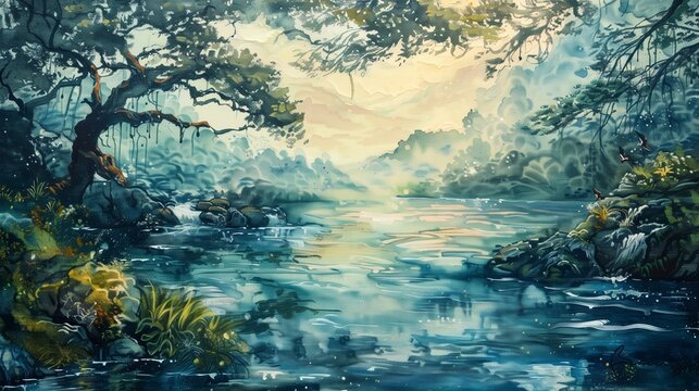 a painting of water and a forest area with sun on it