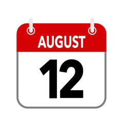 12 August, calendar date icon on white background.