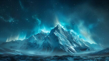 AI generated illustration of a snow-covered landscape under the northern lights on a chilly night