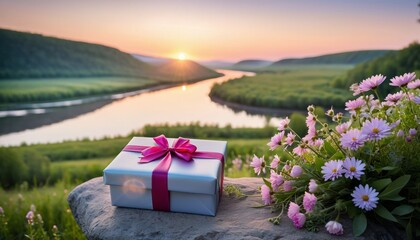 AI-generated illustration of a white gift box on a rock with flowers - obrazy, fototapety, plakaty