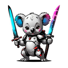 A koala in a military uniform with two sword.
