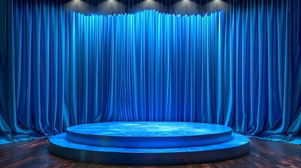 Blue stage curtain with central circular stage lighting, AI-generated. - obrazy, fototapety, plakaty