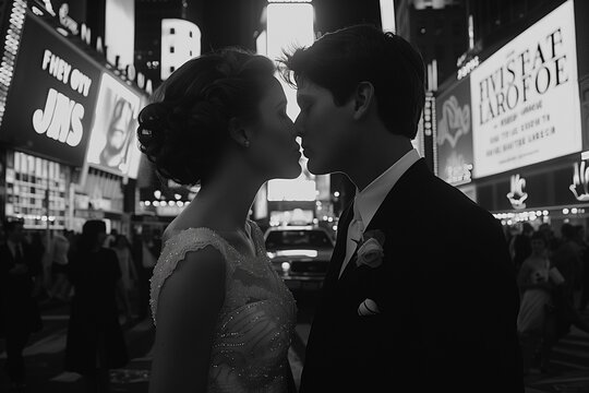 this photo is of a bride and groom kissing in front of a city street