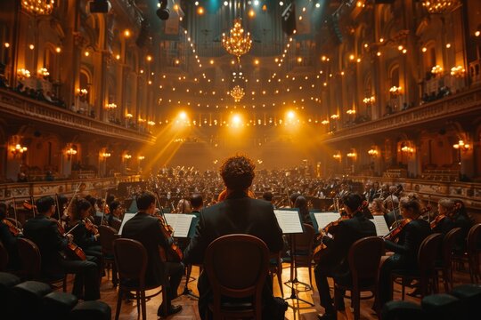 An orchestra in full swing, with a maestro leading, in the grandeur of a lavishly decorated concert hall
