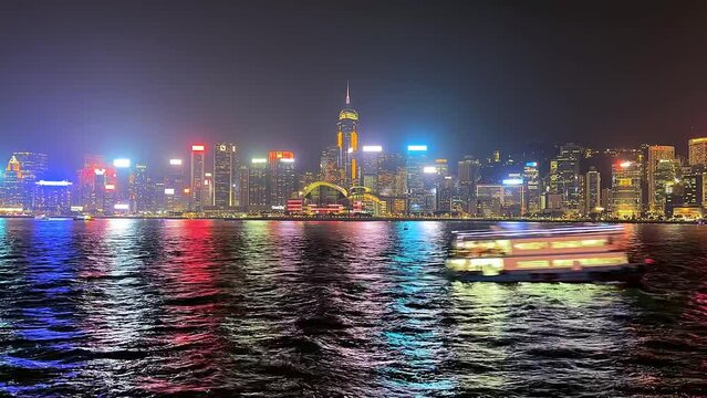 Victoria Habour, Hong Kong - Apir 14th 2024 - VDO of Bustling harbour area with waterfront scenery and popular nighttime light.