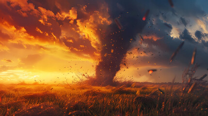 tornado in a field at sunset in cloudy weather - obrazy, fototapety, plakaty