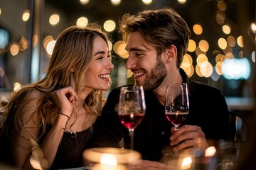 a couple sitting at a table in a restaurant smiling for each other - obrazy, fototapety, plakaty