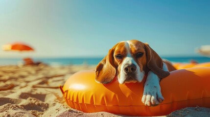 A beagle canine rests on an inflatable mattress at the seashore - obrazy, fototapety, plakaty