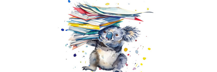 A drawing of a koala standing on its hind legs, holding a stack of books with its front paws