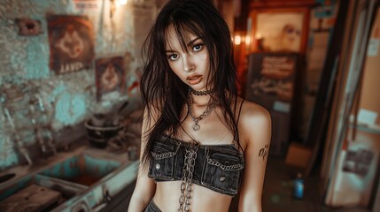 Naklejka premium pretty woman wearing sexy crop top denim, Generative Ai