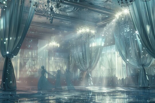 A group of ghosts are dancing in a room with blue lights and a chandelier