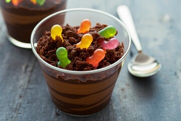Children chocolate pudding dessert in a cup called dirt and worms