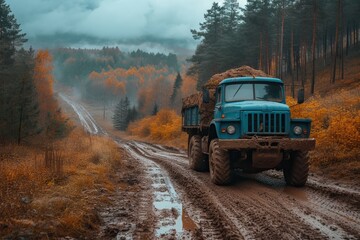 Blue truck navigating a muddy road in an autumnal misty forest