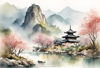 AI generated illustration of a Korean Buddhist temple scenery in spring