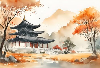 AI generated illustration of a Korean Buddhist temple scenery in autumn
