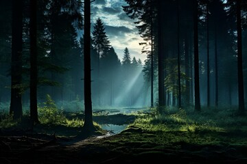 AI generated illustration of a sunlight filtering through a dark forest with trees