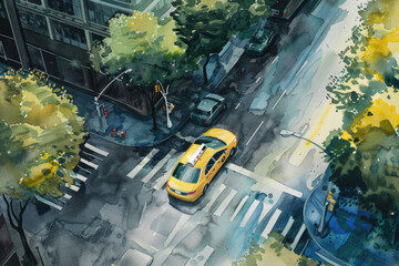 A painting featuring a yellow taxi driving on a city street, surrounded by buildings and people
