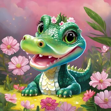 AI generated illustration of a baby alligator sits in grass by flowers