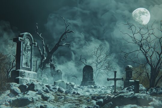 A graveyard with headstones and a large moon in the sky