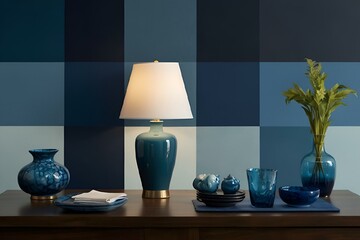 AI-generated illustration of a table with two vases and a small lamp in the blue color scheme