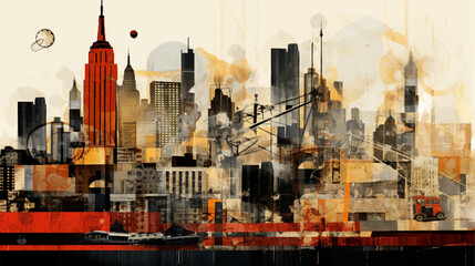 Abstract collage of skyscrapers, business buildings in big city. Surreal skyscraper banner concept, contemporary colors watercolor and mood social illustration
