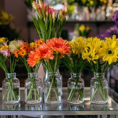 Different spring flowers in transparent vases on the table. Flower shop