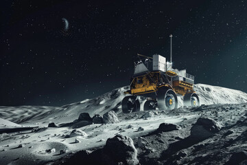 A lunar rover traverses the rocky terrain of the moon under a starry sky with Earth in the distance