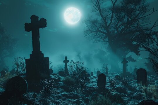 A graveyard with headstones and a large moon in the sky