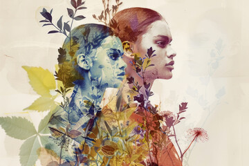 A painting featuring a woman with vibrant flowers delicately woven into her hair, creating a striking contrast against the dark background