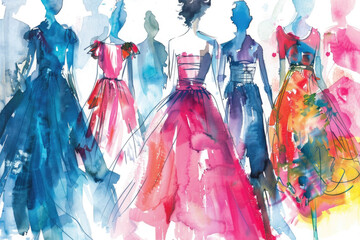 Multiple womens dresses displayed on a runway during a fashion show event - obrazy, fototapety, plakaty