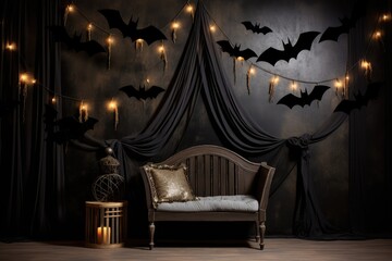 Bats and Moon Backdrop: Hang bat decorations and a crescent moon for a nighttime feel.