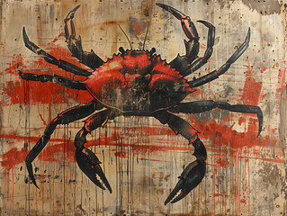 Illustration d'un crabe cancer à l'encre sur fond ocre, symbole d'une maladie mortelle et pluriforme, parchemin ou street art - obrazy, fototapety, plakaty