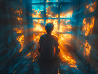 Fenêtre sur imagination : un adolescent regarde le paysage de sa fenêtre et plonge dans un monde imaginaire