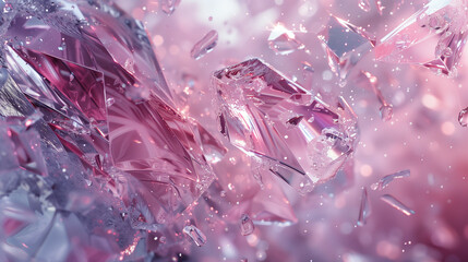 Morceaux de verre brisé ou de cristal, gros plan dans les tons roses et violet, effet de transparence et de reflet de lumière sur une surface minérale : quartz ou améthyste - obrazy, fototapety, plakaty