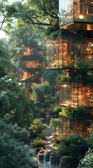 AI generated illustration of A glass building next to a water stream and dense trees