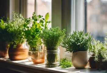 AI generated illustration of Various potted herbs on windowsill by the window