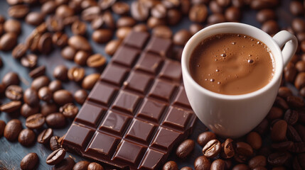 Tablette de chocolat au lait devant une tasse de café, gourmandise avec boisson chaude sur la table, mariage d'amour entre café et cacao