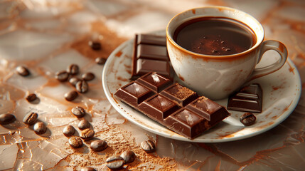 Tablette de chocolat au lait devant une tasse de café, gourmandise avec boisson chaude sur la table, mariage d'amour entre café et cacao - obrazy, fototapety, plakaty