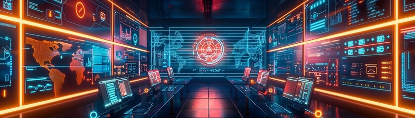 Firewall in digital space, vivid colors, wide view, dynamic defense in cyberspace